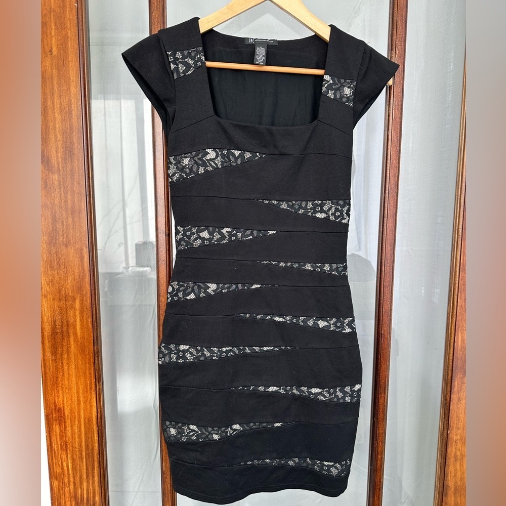 INC Y2K Black Lace‎ Bandage Dress Club Bodycon Sz 2 Square Neck Stretch Party